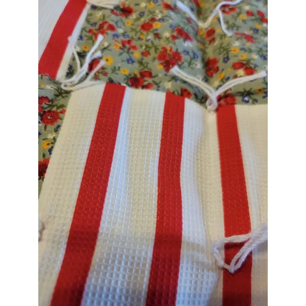 Machine Patchwork Quilt Red Stripe Floral Tied Cottage Farmhouse Throw 42x54‎ in